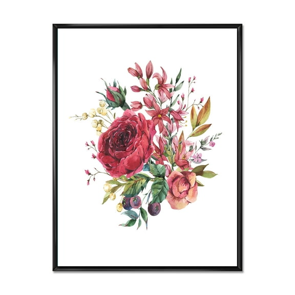 Designart 'Ancient Wildflowers and Burgundy Rose' Farmhouse Framed Canvas Wall Art Print