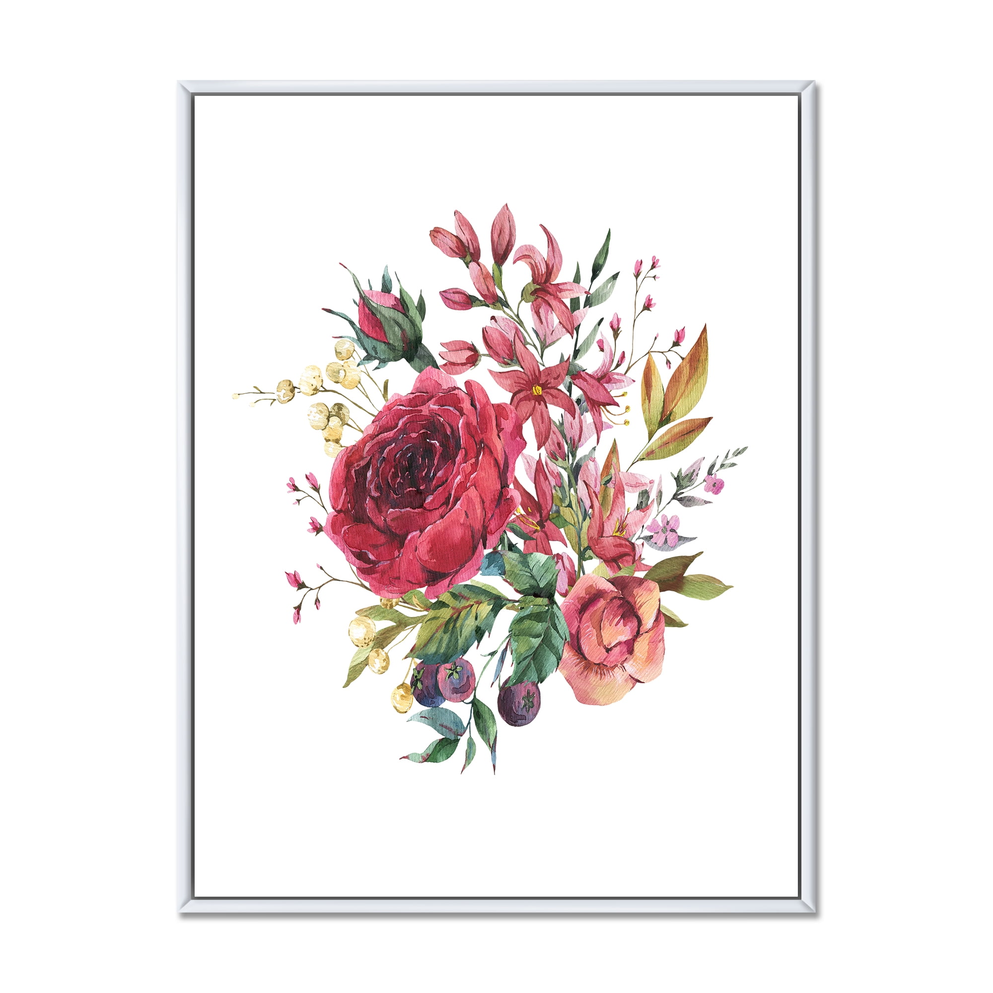 Designart 'Ancient Wildflowers and Burgundy Rose' Farmhouse Framed Canvas Wall Art Print
