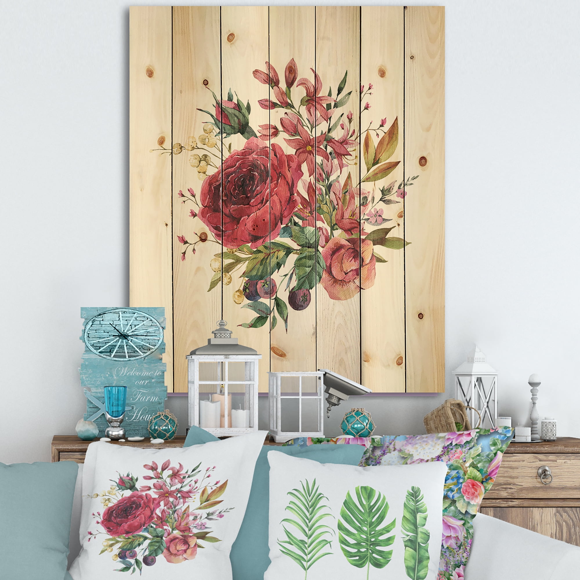 Designart 'Ancient Wildflowers and Burgundy Rose' Farmhouse Print on Natural Pine Wood