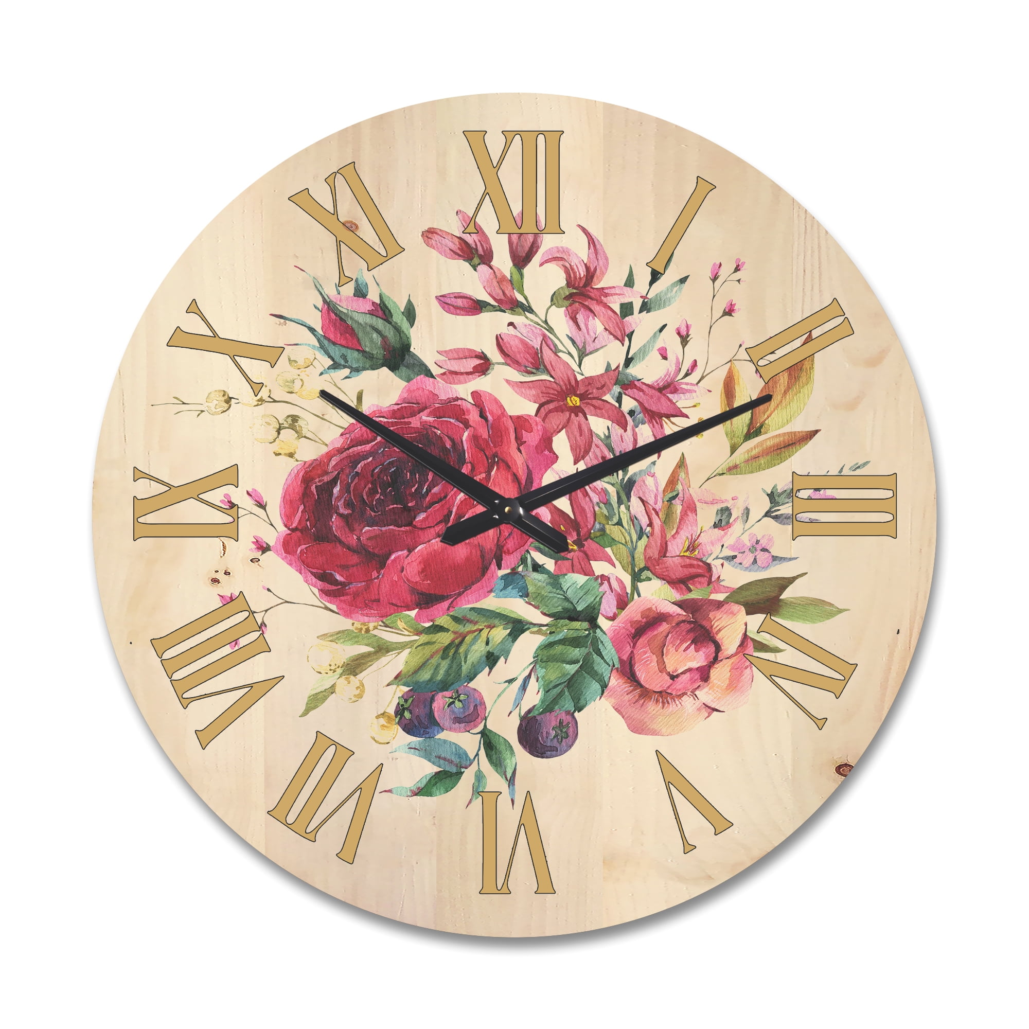 Designart 'Ancient Wildflowers and Burgundy Rose' Farmhouse Wood Wall Clock