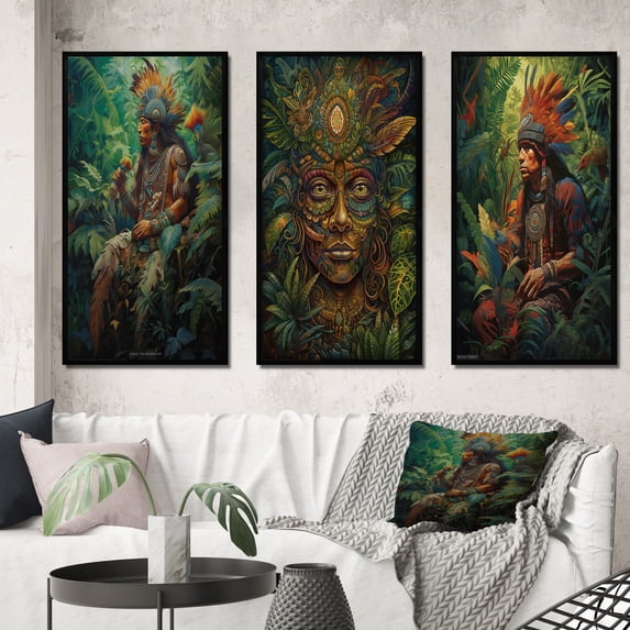 Designart "Ancient Wisdom Amazon Shaman III" Folk Religion Framed Wall Art Set Of 3 - Green Traditional Frame Gallery Wall Set For Home Decor