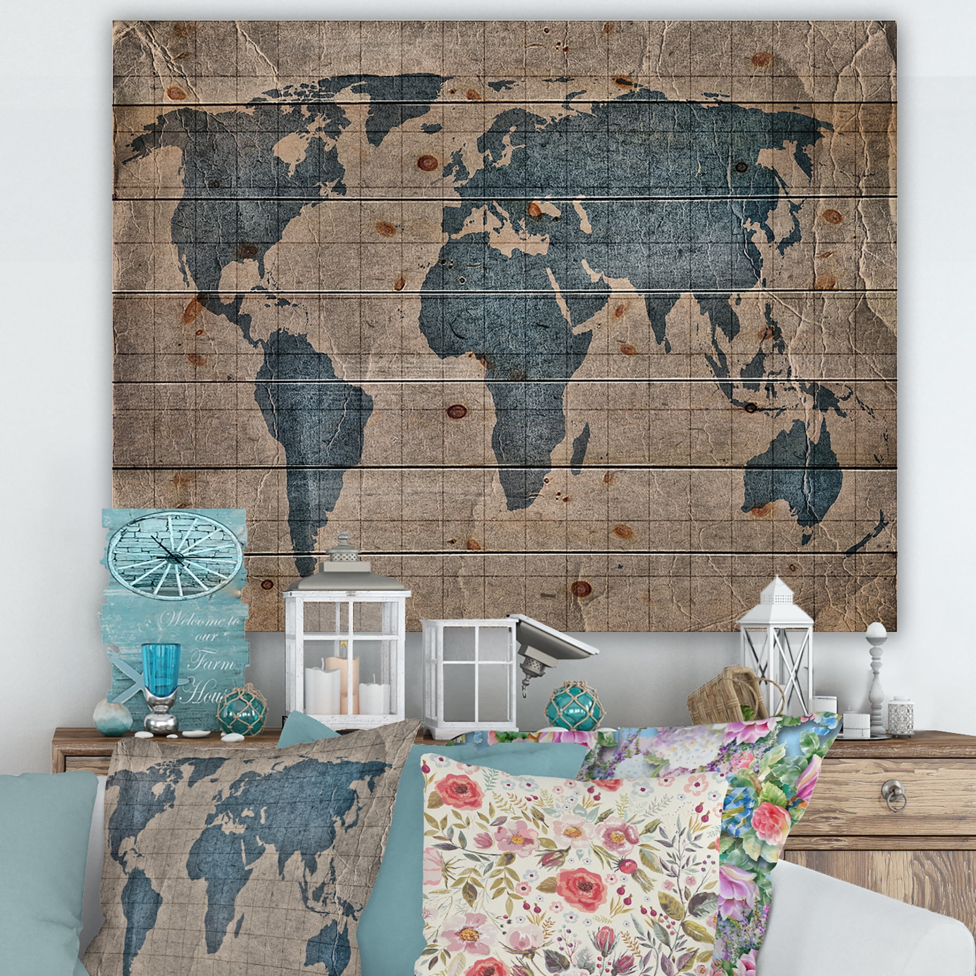Designart 'Ancient World Map I' Rustic Print on Natural Pine Wood