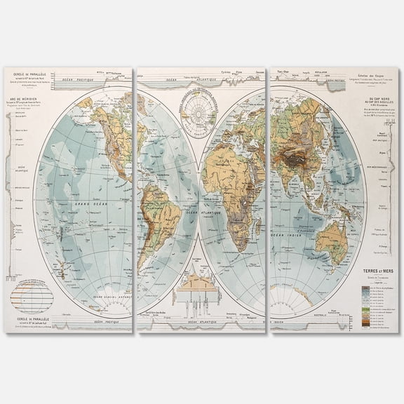 Designart ' Ancient World Map II ' Rustic Canvas Wall Art Print