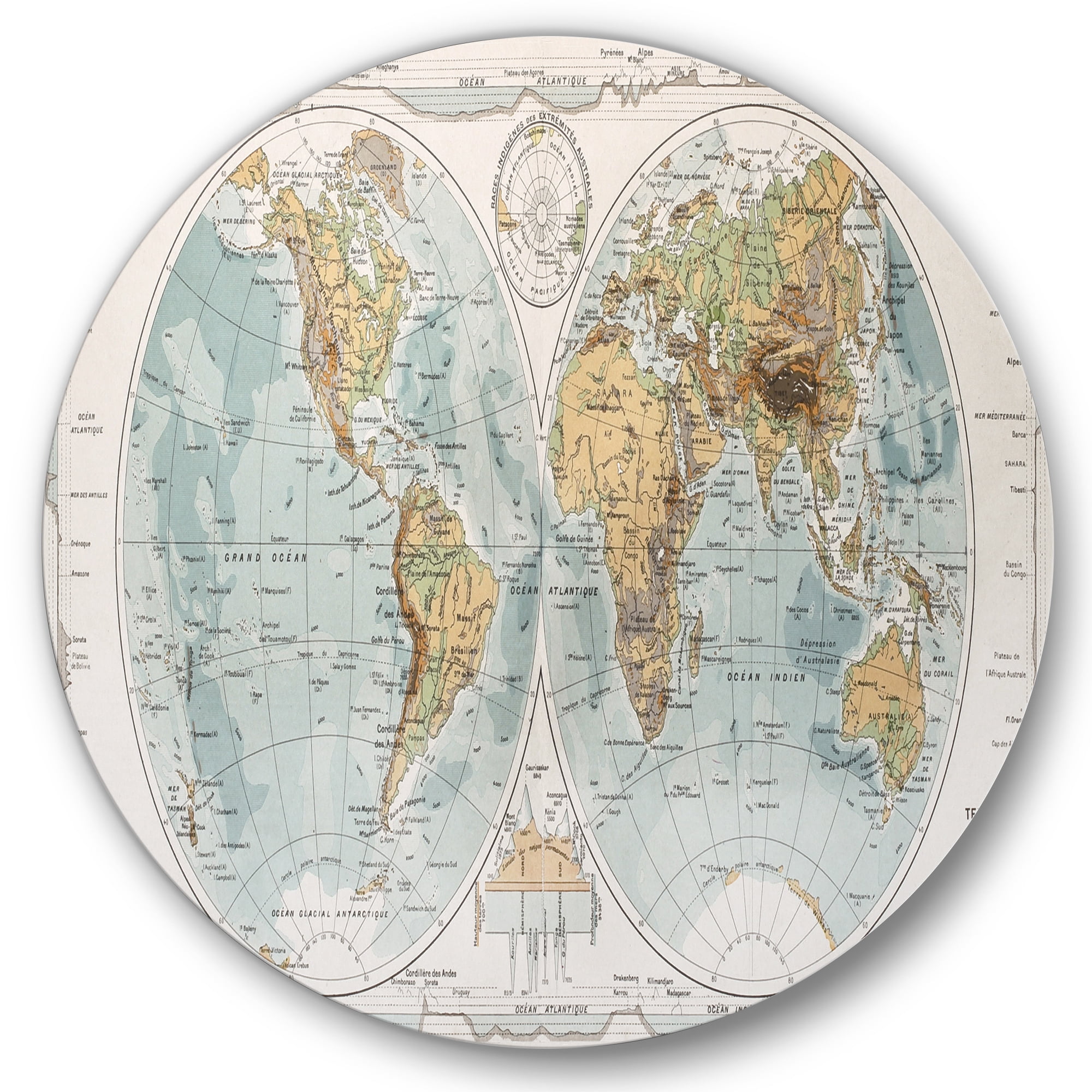 Designart 'Ancient World Map II' Rustic Circle Metal Wall Art 23x23 - Disc of 23