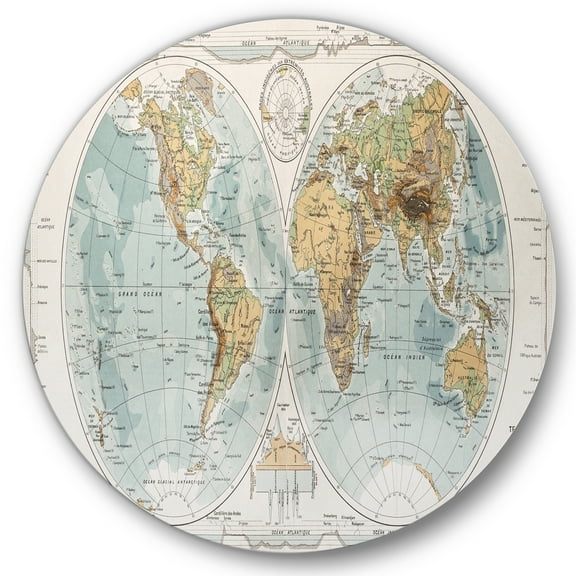Designart 'Ancient World Map II' Rustic Circle Metal Wall Art 36x36 - Disc of 36