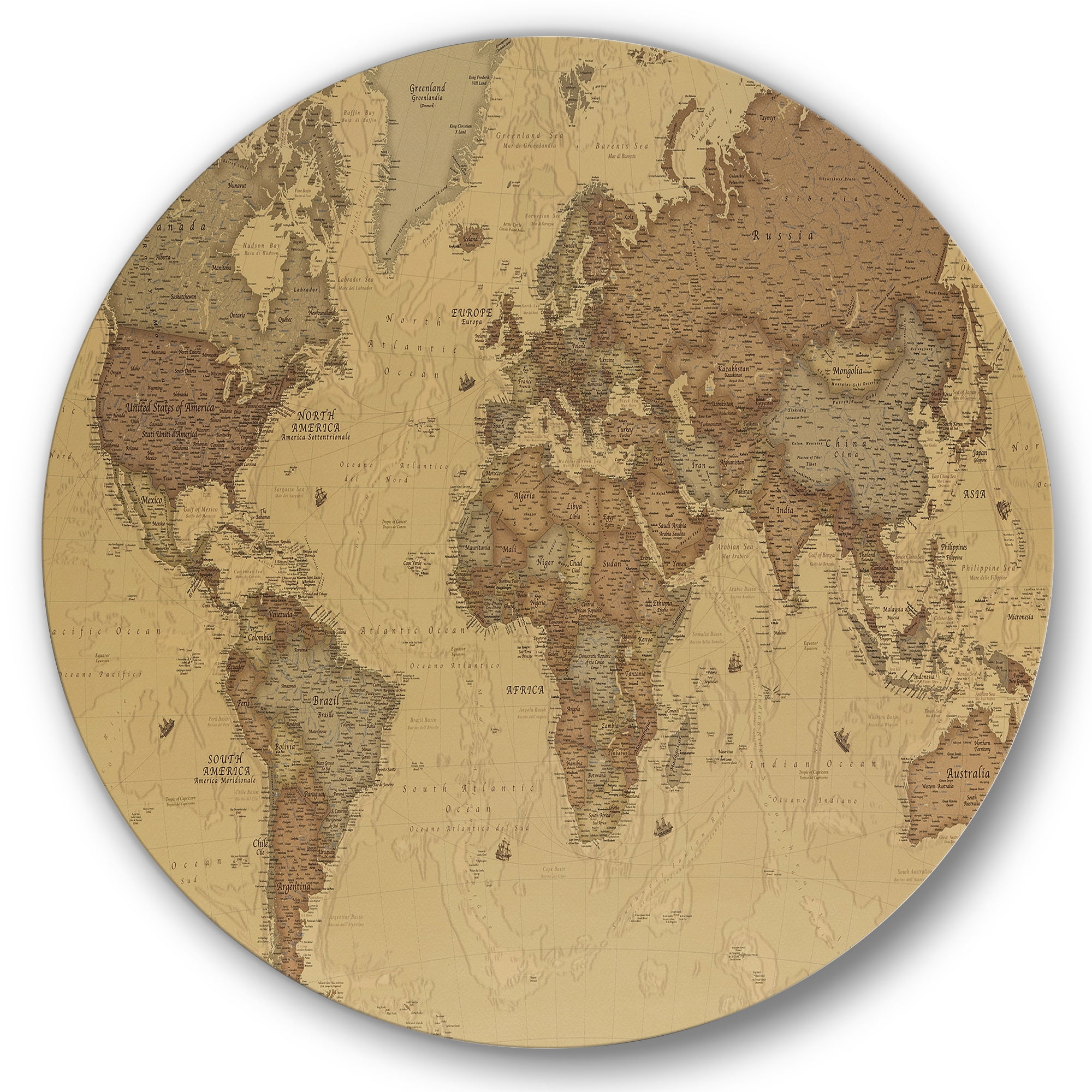 Designart 'Ancient World Map III' Vintage Circle Metal Wall Art 11x11 - Disc of 11