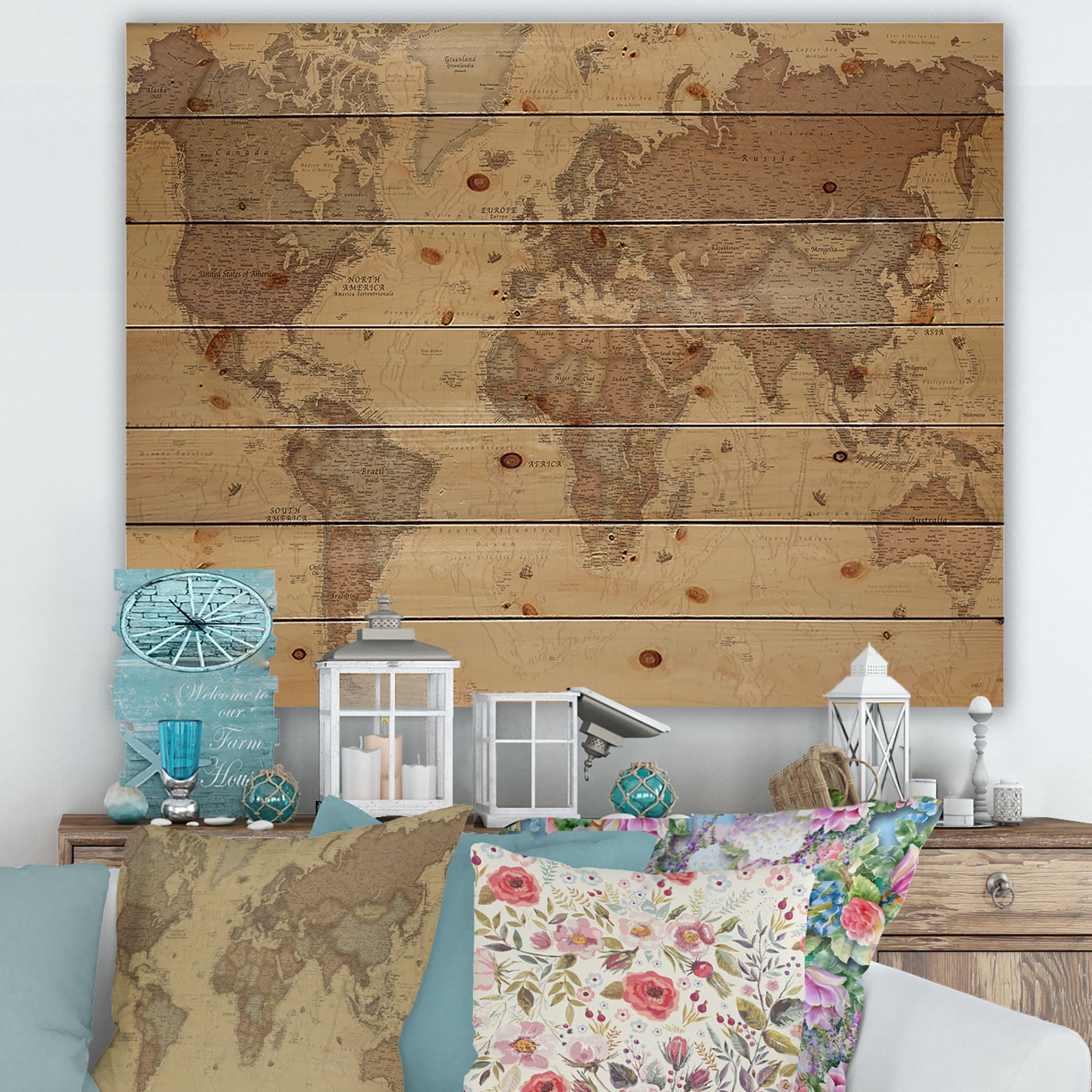 Designart 'Ancient World Map III' Vintage Print on Natural Pine Wood