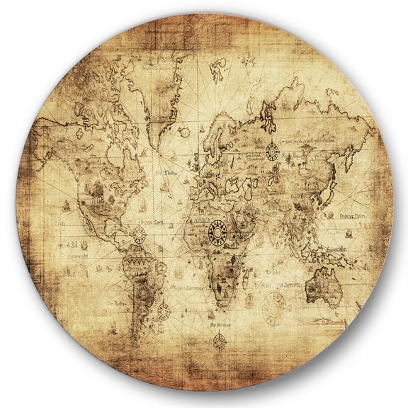 Designart 'Ancient World Map IV' Vintage Circle Metal Wall Art 11x11 - Disc of 11