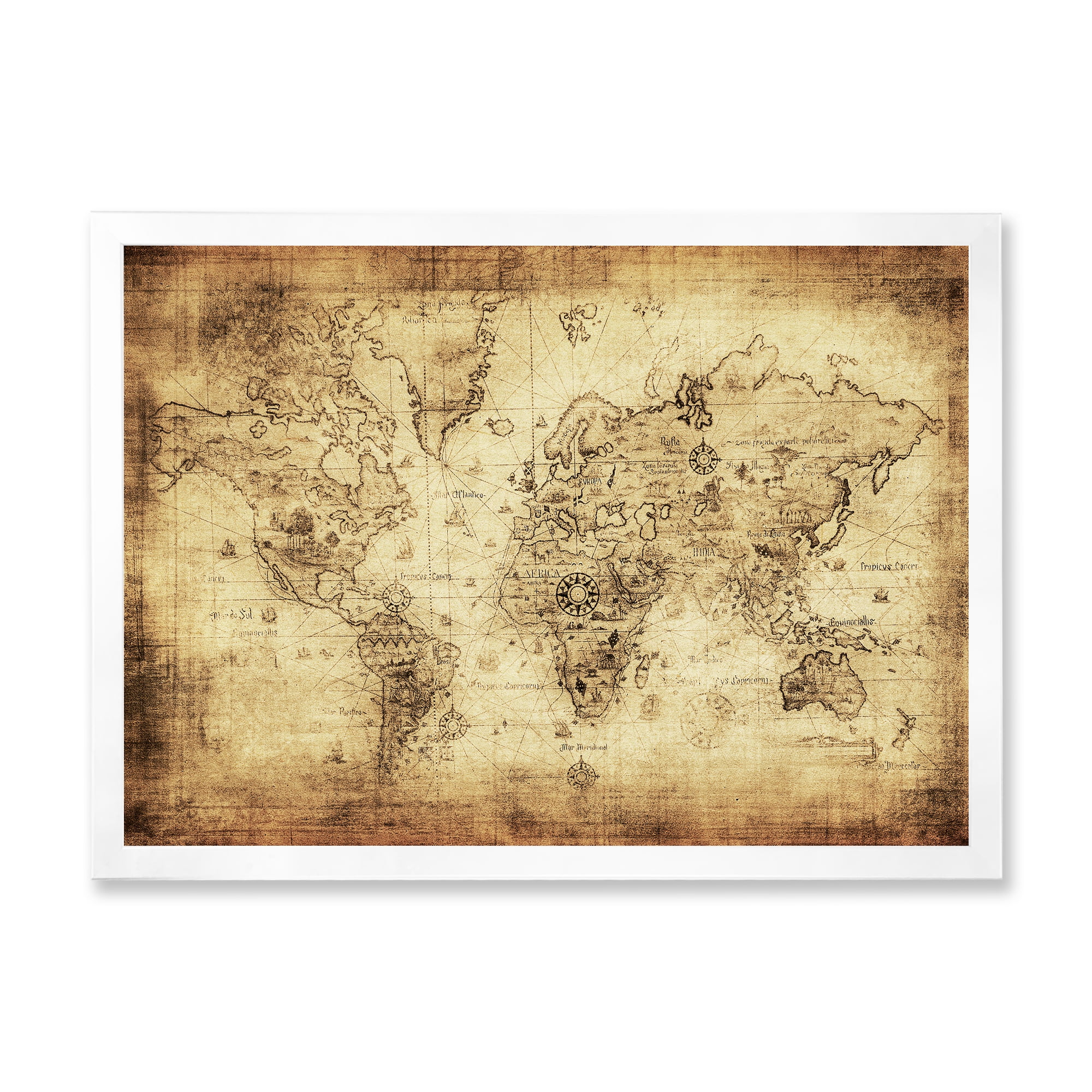 Designart 'Ancient World Map IV' Vintage Framed Art Print