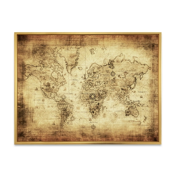 Designart 'Ancient World Map IV' Vintage Framed Canvas Wall Art Print