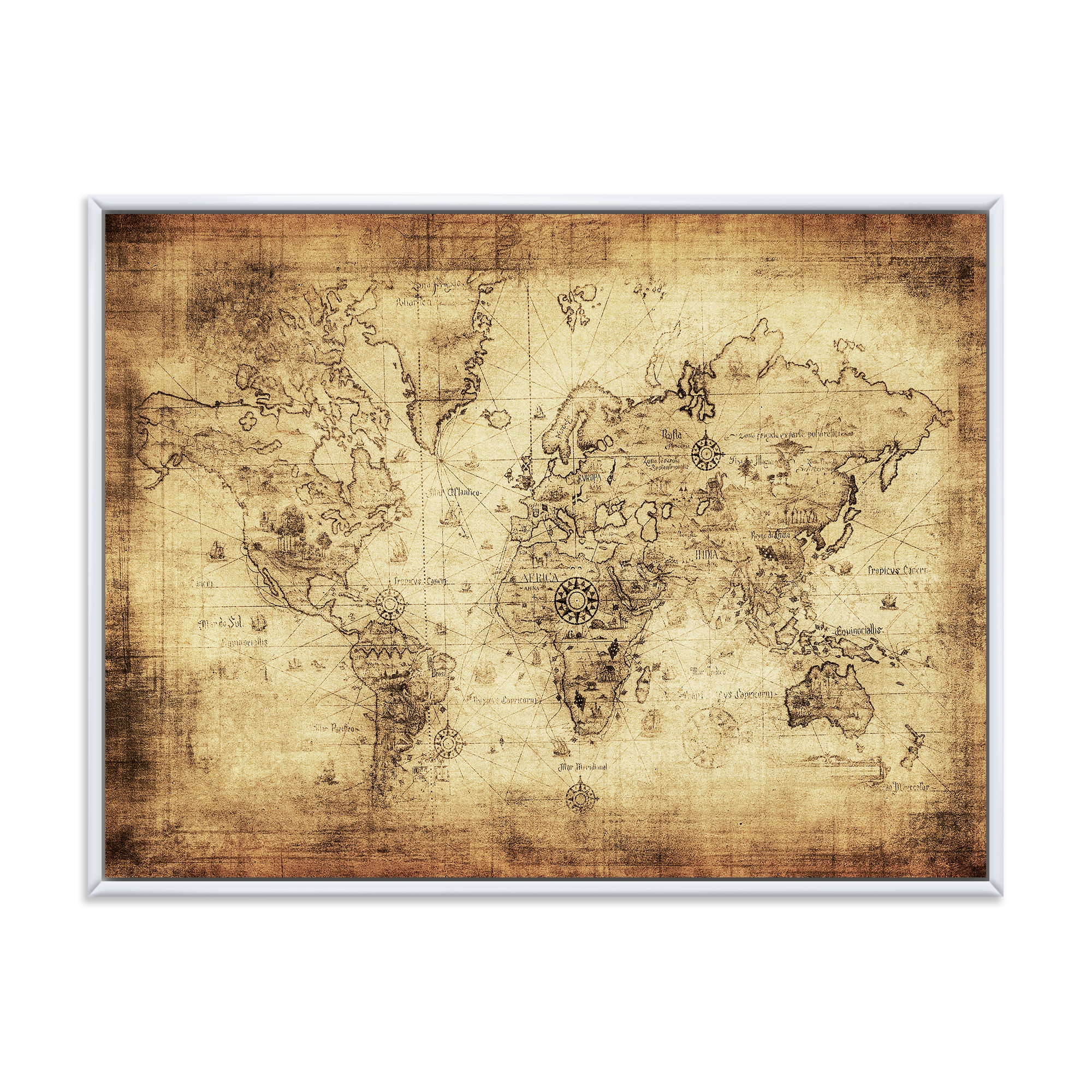 Designart 'Ancient World Map IV' Vintage Framed Canvas Wall Art Print