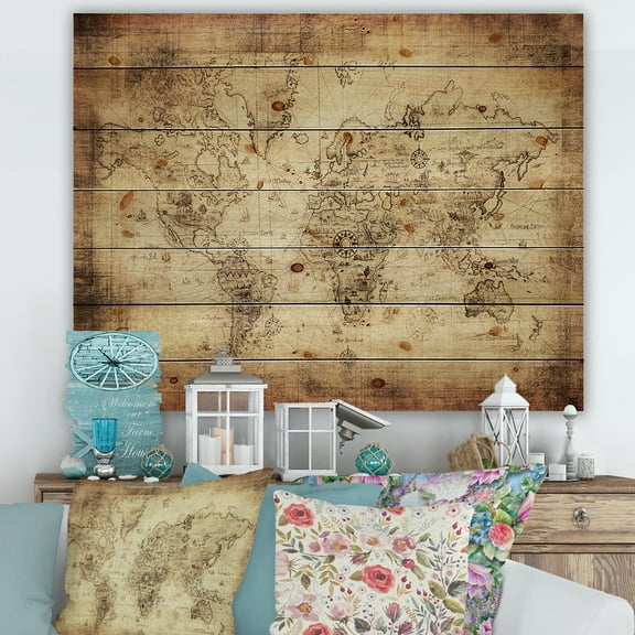 Designart 'Ancient World Map IV' Vintage Print on Natural Pine Wood
