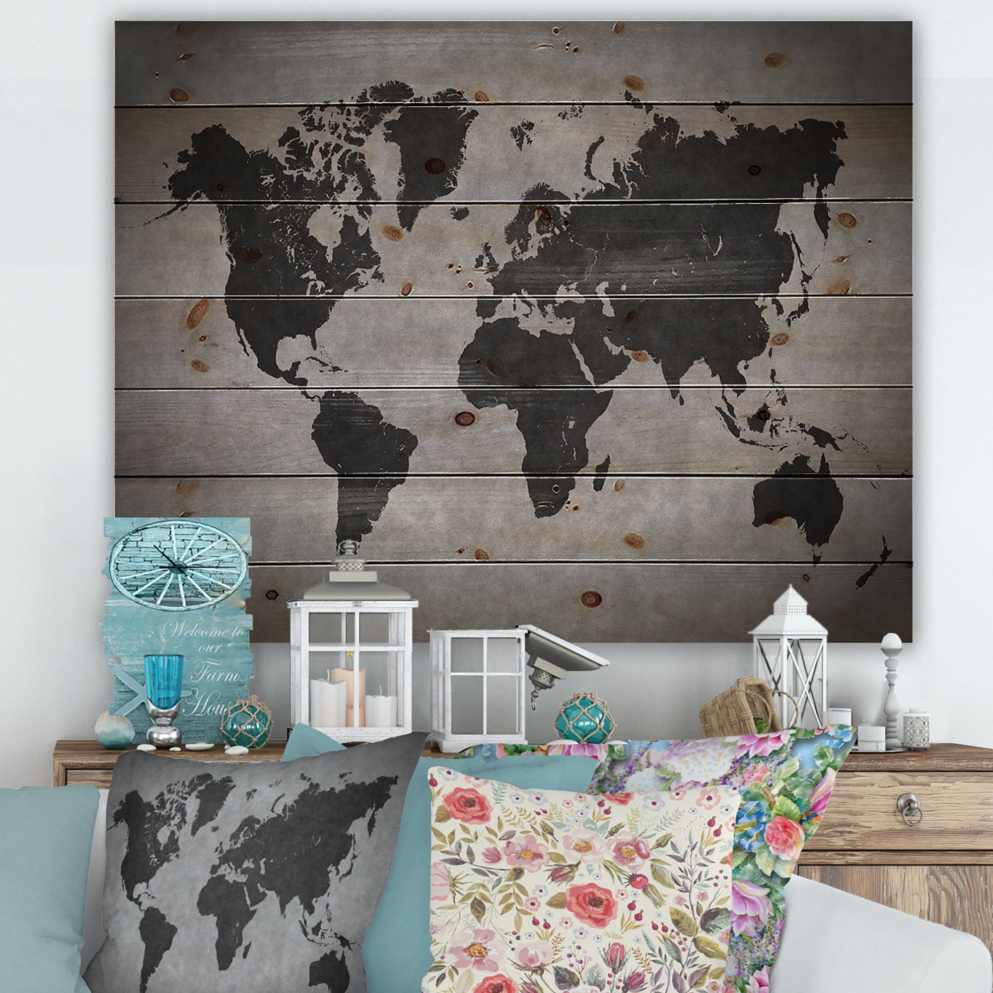 Designart 'Ancient World Map IX' Vintage Print on Natural Pine Wood