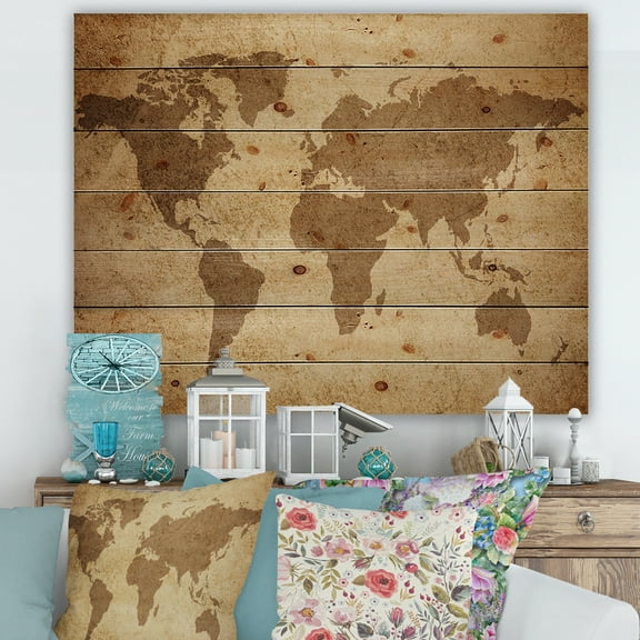 Designart 'Ancient World Map V' Vintage Print on Natural Pine Wood