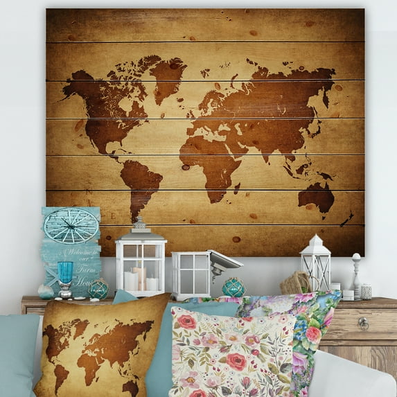 Designart 'Ancient World Map VI' Vintage Print on Natural Pine Wood