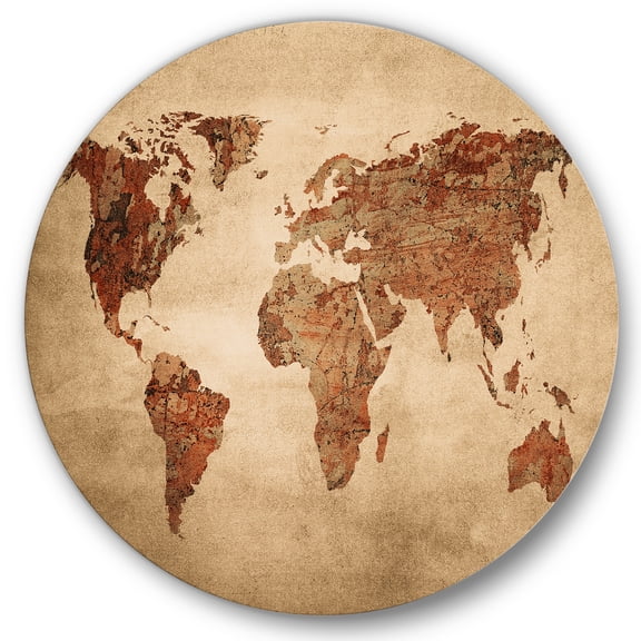 Designart 'Ancient World Map VII' Vintage Circle Metal Wall Art 11x11 - Disc of 11