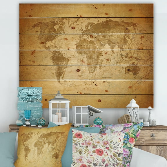 Designart 'Ancient World Map X' Vintage Print on Natural Pine Wood