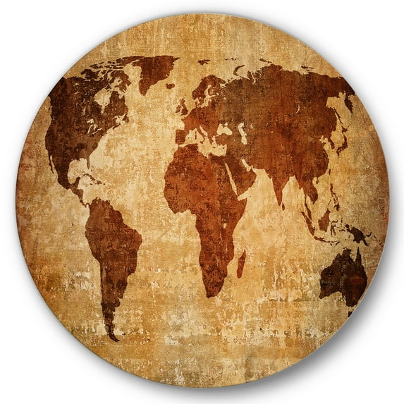 Designart 'Ancient World Map XI' Vintage Circle Metal Wall Art 36x36 - Disc of 36