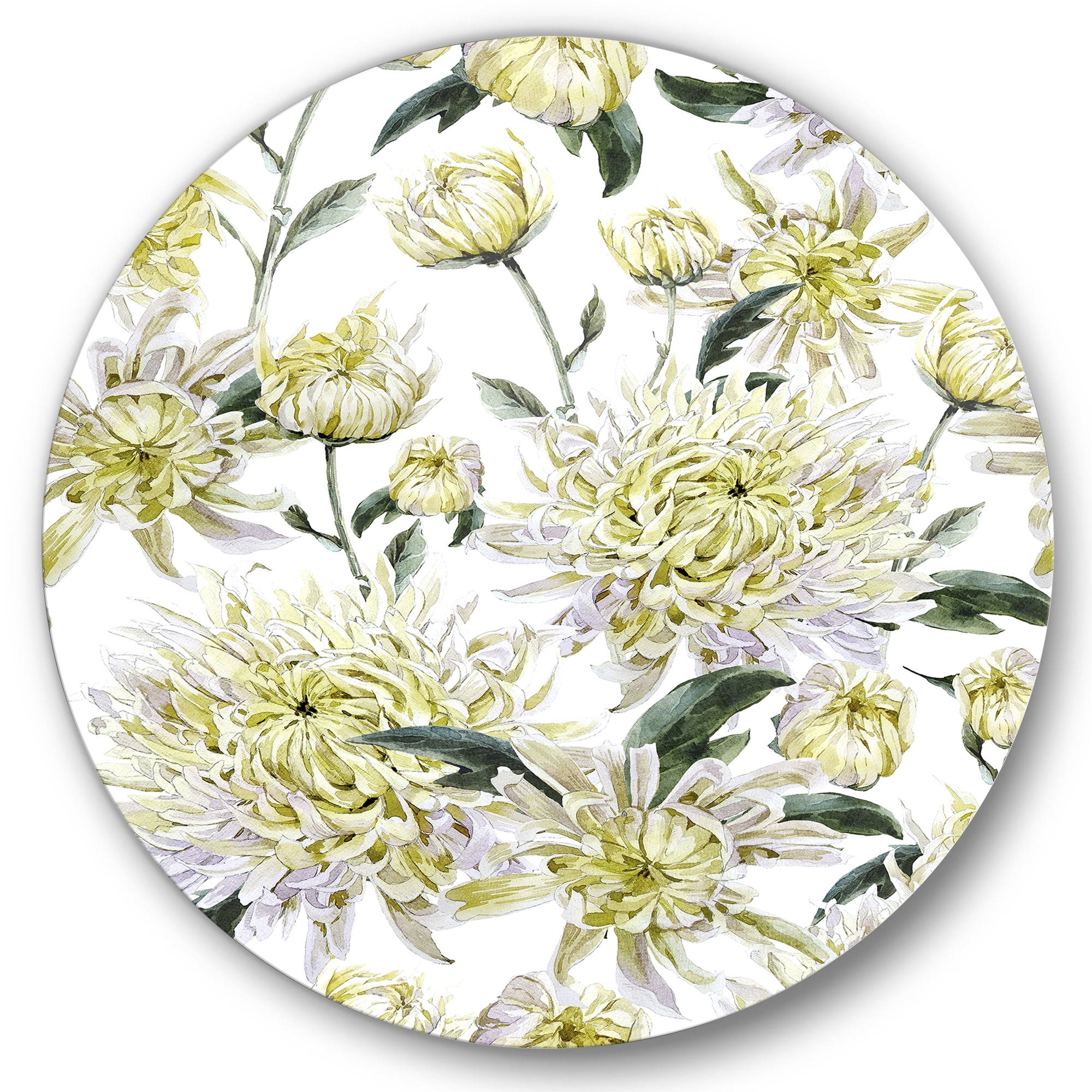 Designart 'Ancient Yellow Chrysanthemus I' Traditional Circle Metal Wall Art 23x23 - Disc of 23