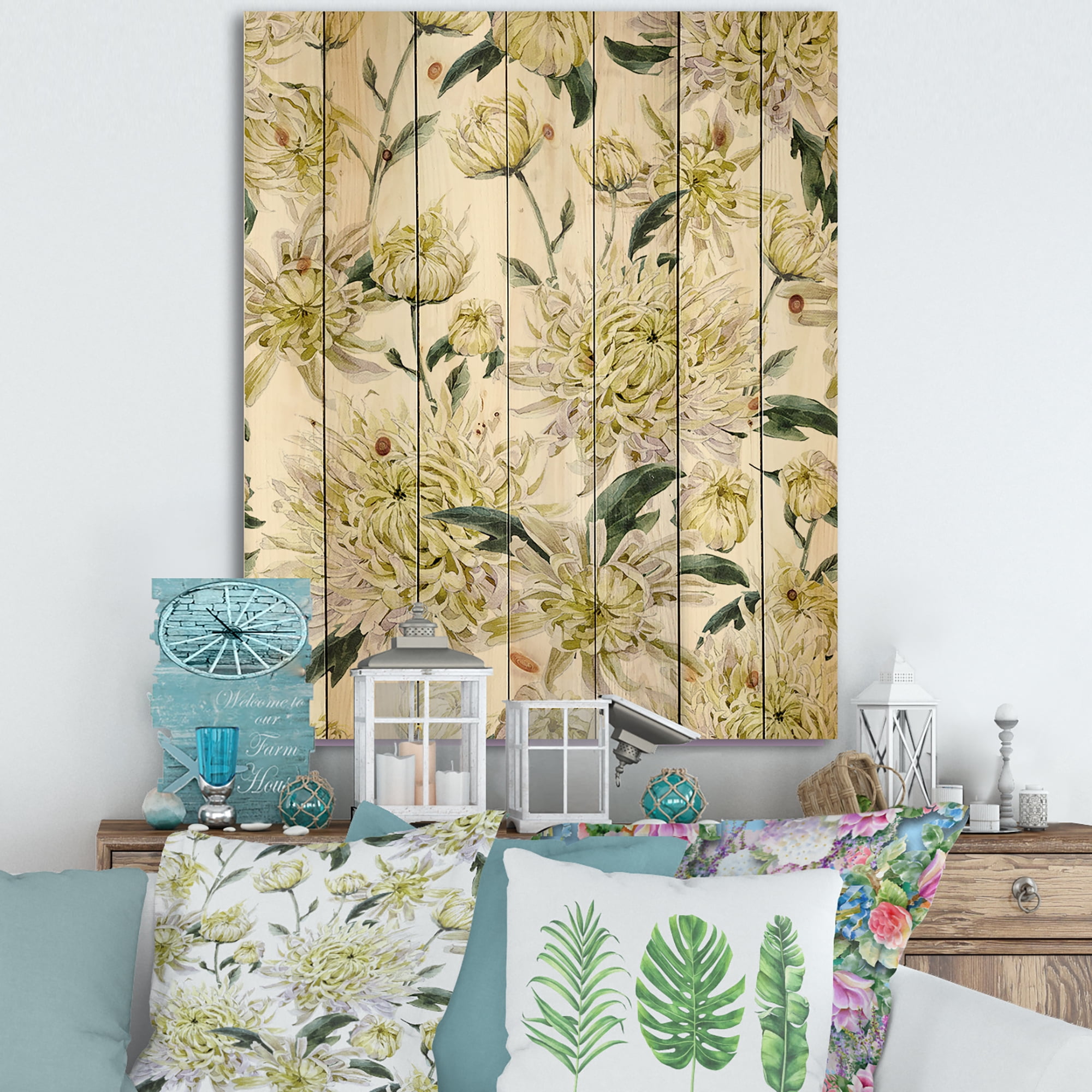 Designart 'Ancient Yellow Chrysanthemus I' Traditional Print on Natural Pine Wood