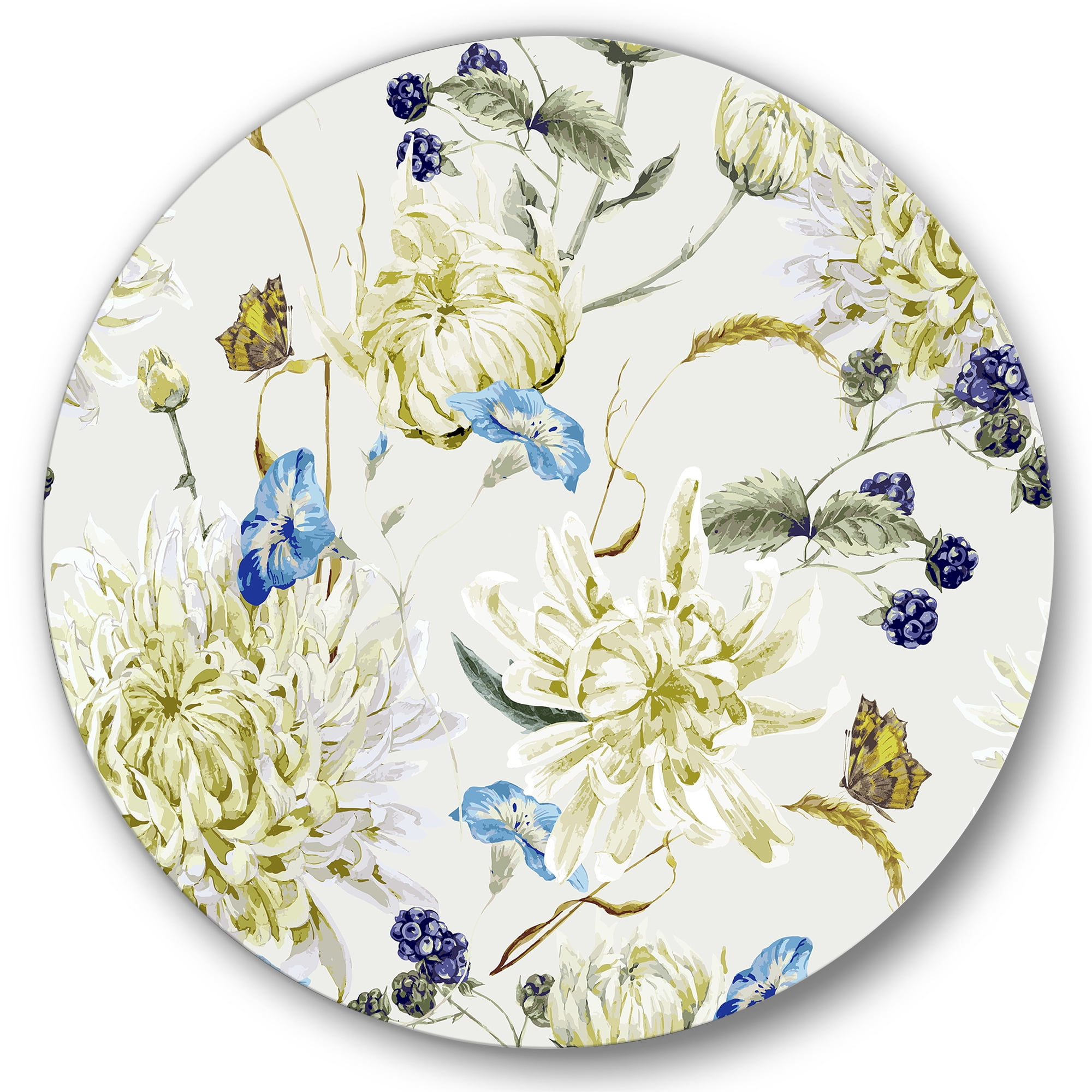 Designart 'Ancient Yellow Chrysanthemus II' Traditional Circle Metal Wall Art 23x23 - Disc of 23