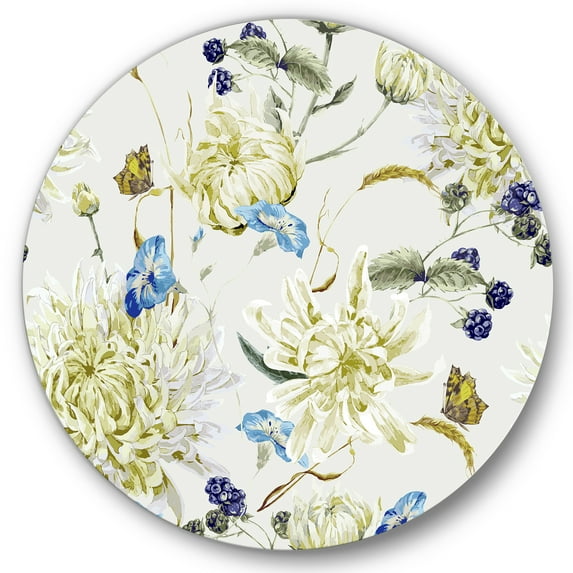 Designart 'Ancient Yellow Chrysanthemus II' Traditional Circle Metal Wall Art 23x23 - Disc of 23