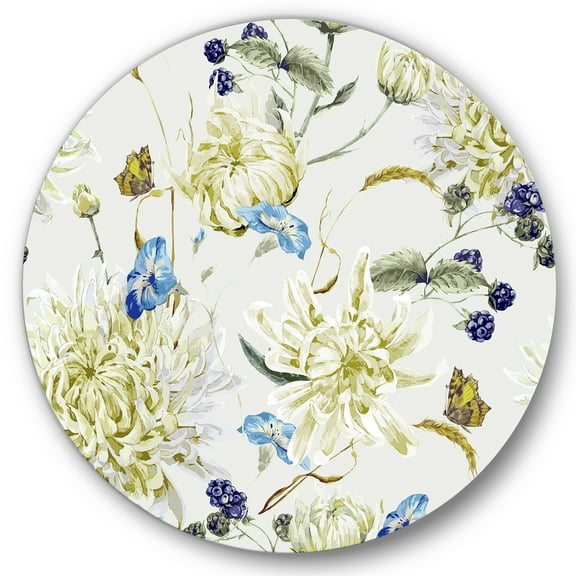 Designart 'Ancient Yellow Chrysanthemus II' Traditional Circle Metal Wall Art 36x36 - Disc of 36