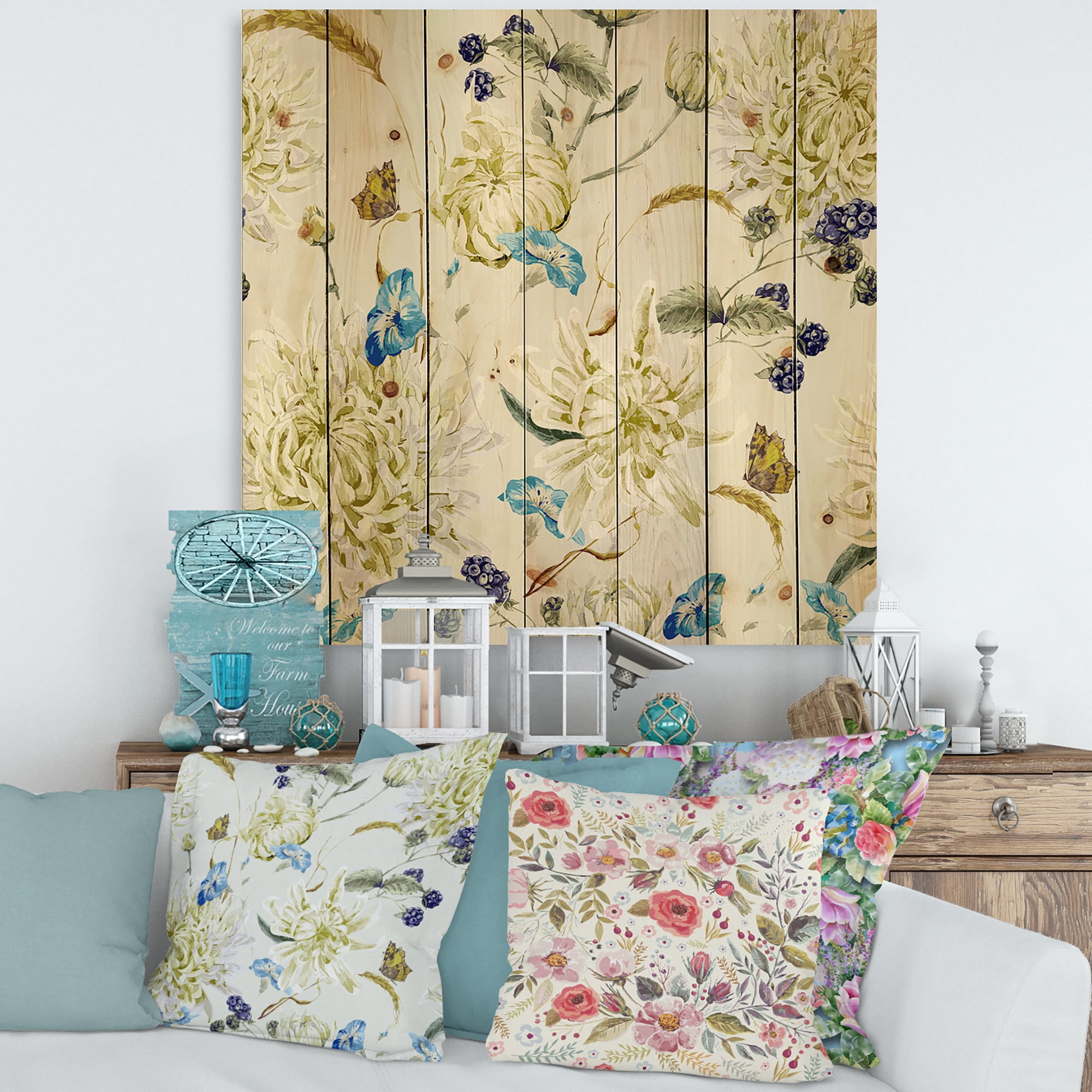 Designart 'Ancient Yellow Chrysanthemus II' Traditional Print on Natural Pine Wood