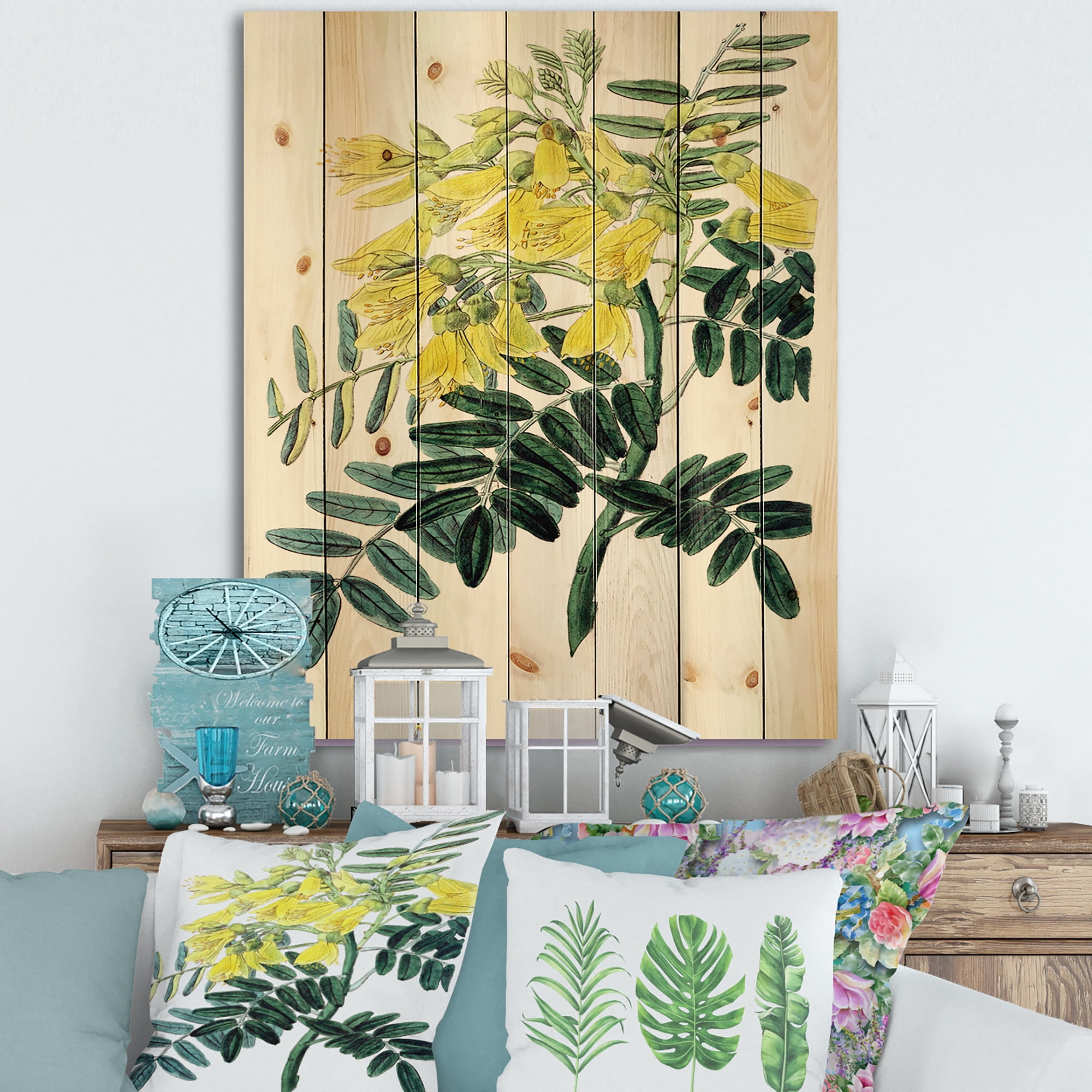 Designart 'Ancient Yellow Flower II' Traditional Print on Natural Pine Wood