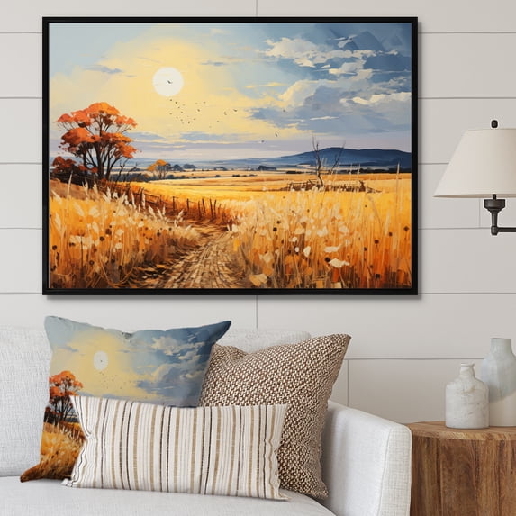 Designart "And Pastel Countryside Wheat painting V" Landscapes Floater Framed Wall Art Living Room