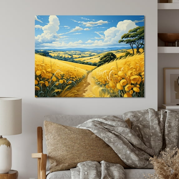 Designart "And Sky Countryside Wheat painting II" Landscapes Metal Art Print