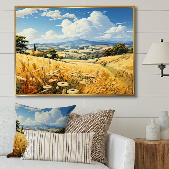 Designart "And Sky Countryside Wheat painting III" Landscapes Floater Framed Canvas Print