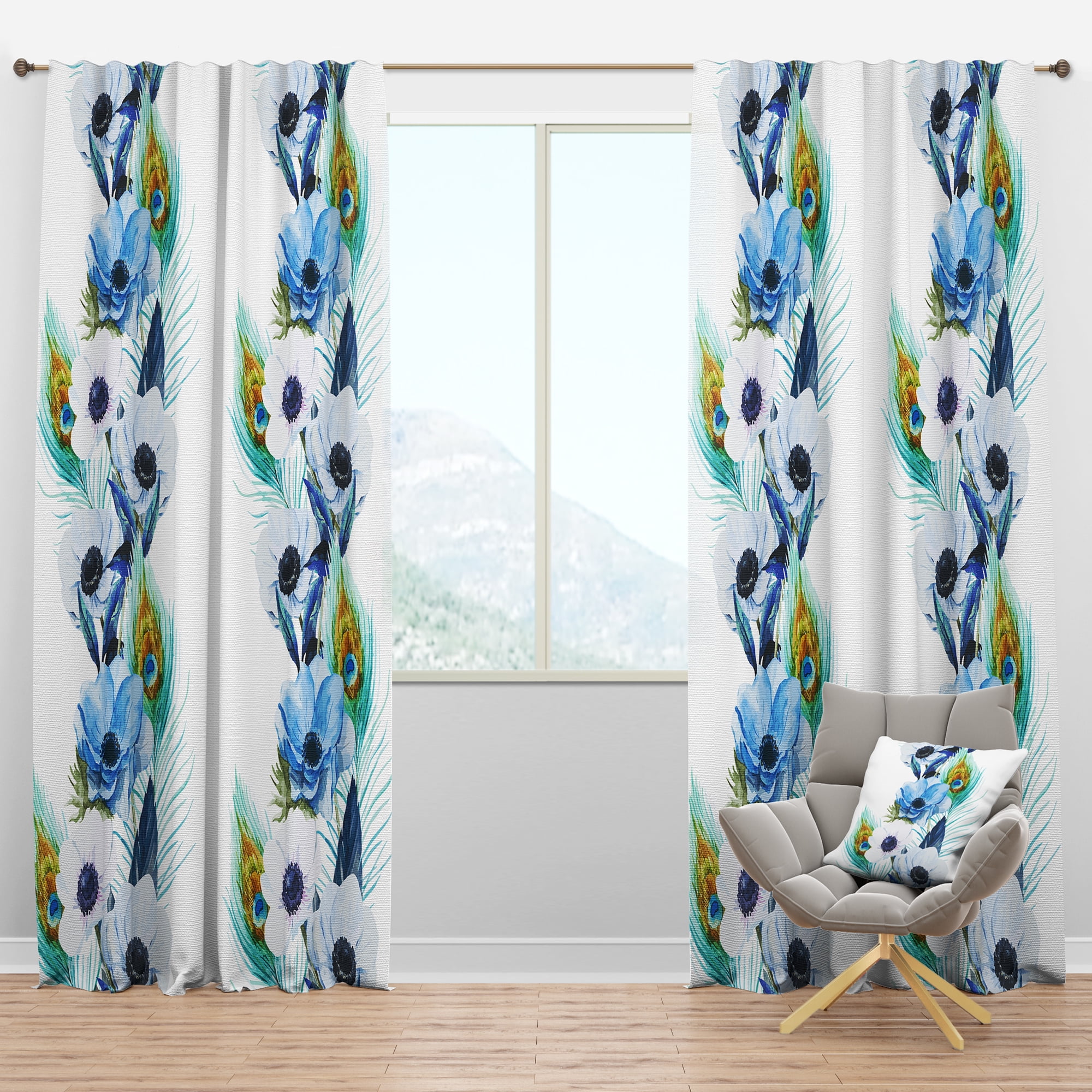 Designart 'Anemones and Peacock Feathers' Floral Blackout Curtain Panel