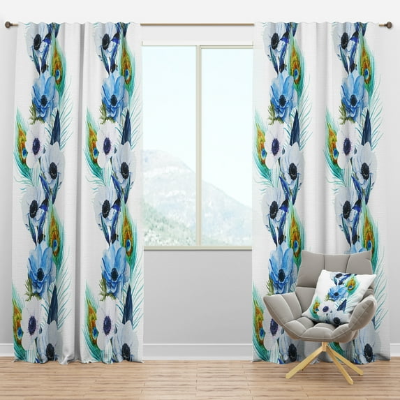 Designart 'Anemones and Peacock Feathers' Floral Blackout Curtain Panel