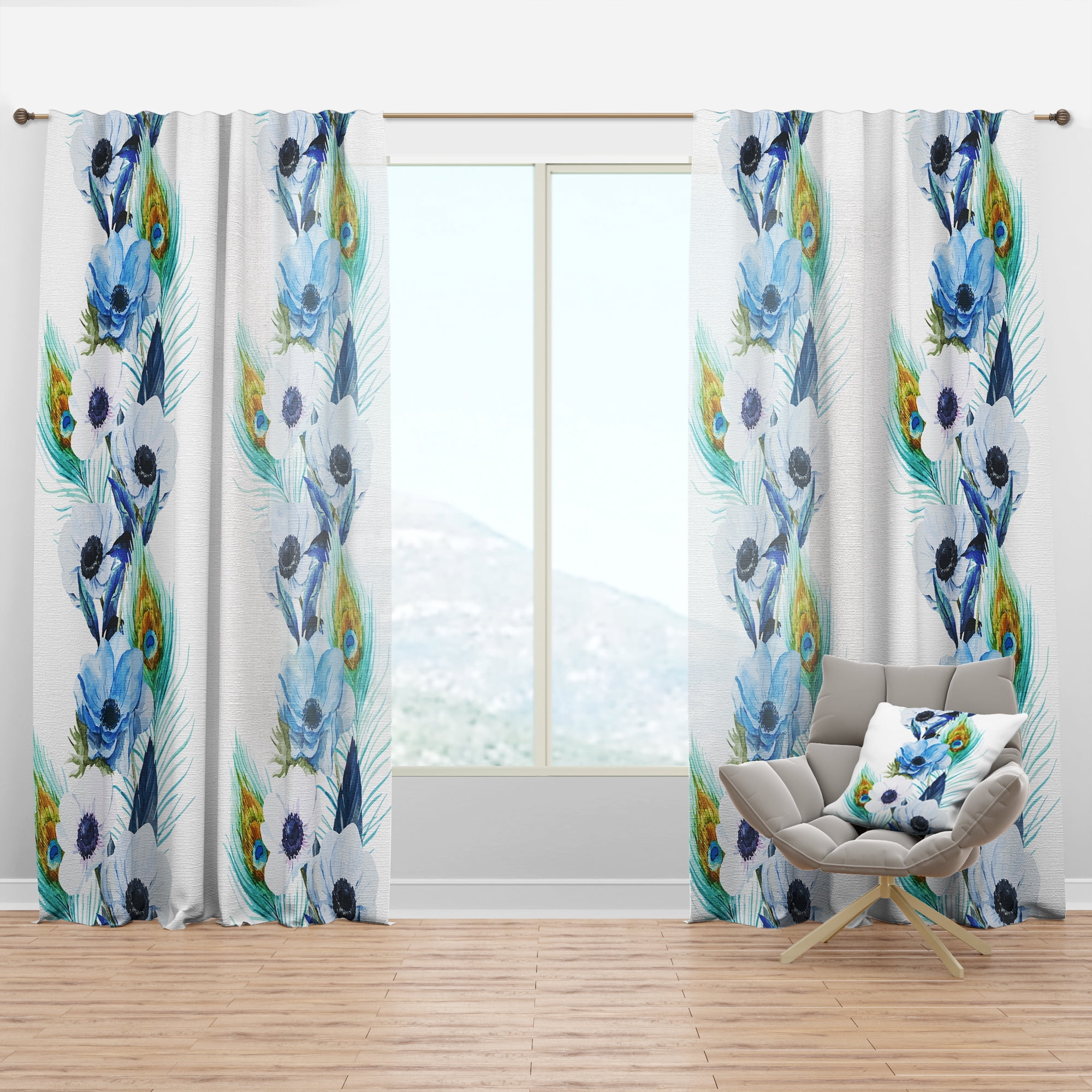 Designart 'Anemones and Peacock Feathers' Floral Curtain Panel