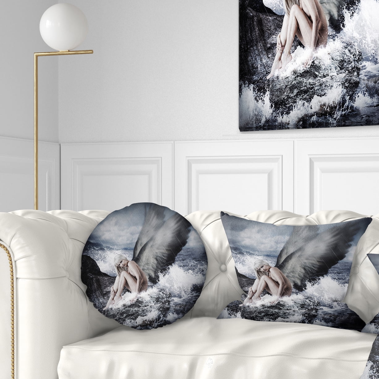 Designart Angel Resting By Crashing Waves - Abstract Throw Pillow - 12x20