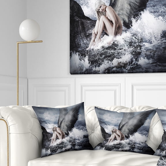 Designart Angel Resting By Crashing Waves - Abstract Throw Pillow - 18x18