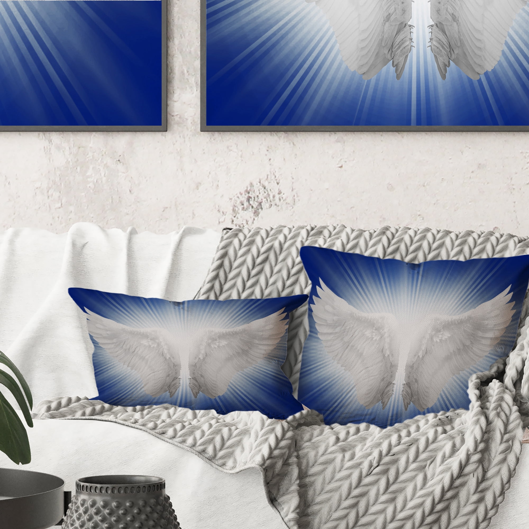 Designart Angel Wings on Blue Background - Abstract Throw Pillow - 18x18
