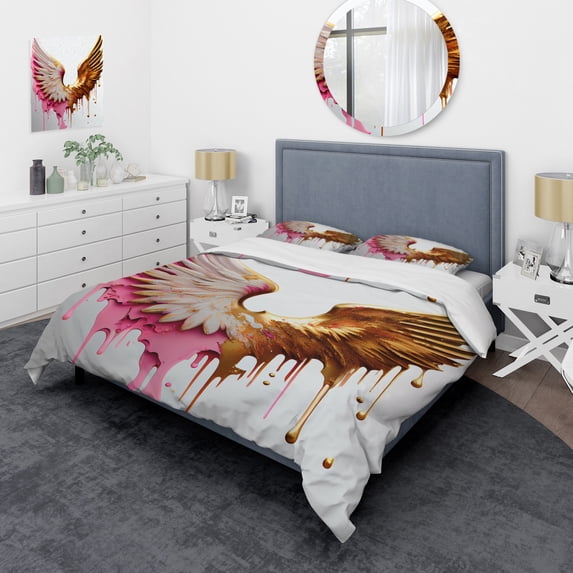 Designart "Angelic Dusty Pink Wings" Abstract Bedding Covert Set - Glam Pink Fantasy Bed Set With 2 Shams