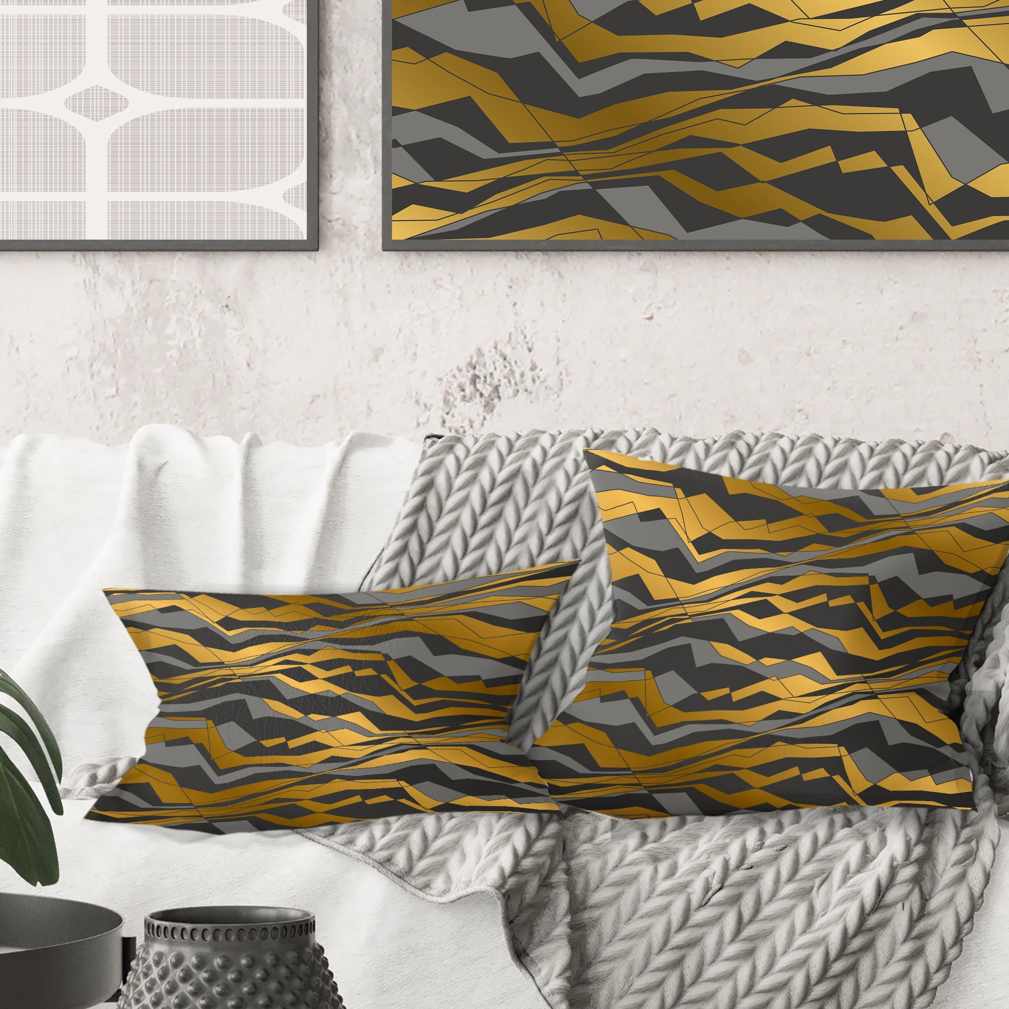 Designart Angled lines and waves pattern' Mid-Century Modern Throw Pillow - 16x16