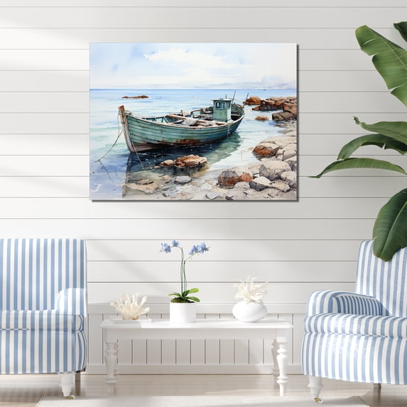 Designart "Angler'S Boat On Seashore I" Coastal Boat Canvas Wall Art