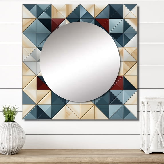 Designart "Angular Cubes In Blue And Grey" 0 Square Mirror Wall Decor Modern - Large White Square Bathroom Mirror - Square Printed Wall Mirror Art