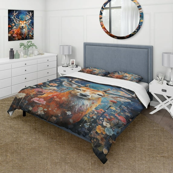 Designart "Animal Deer Euphony Of Forest I" Animals Bedding Covert Set - Deer Blue Children's Art Bed Set With 1 Sham