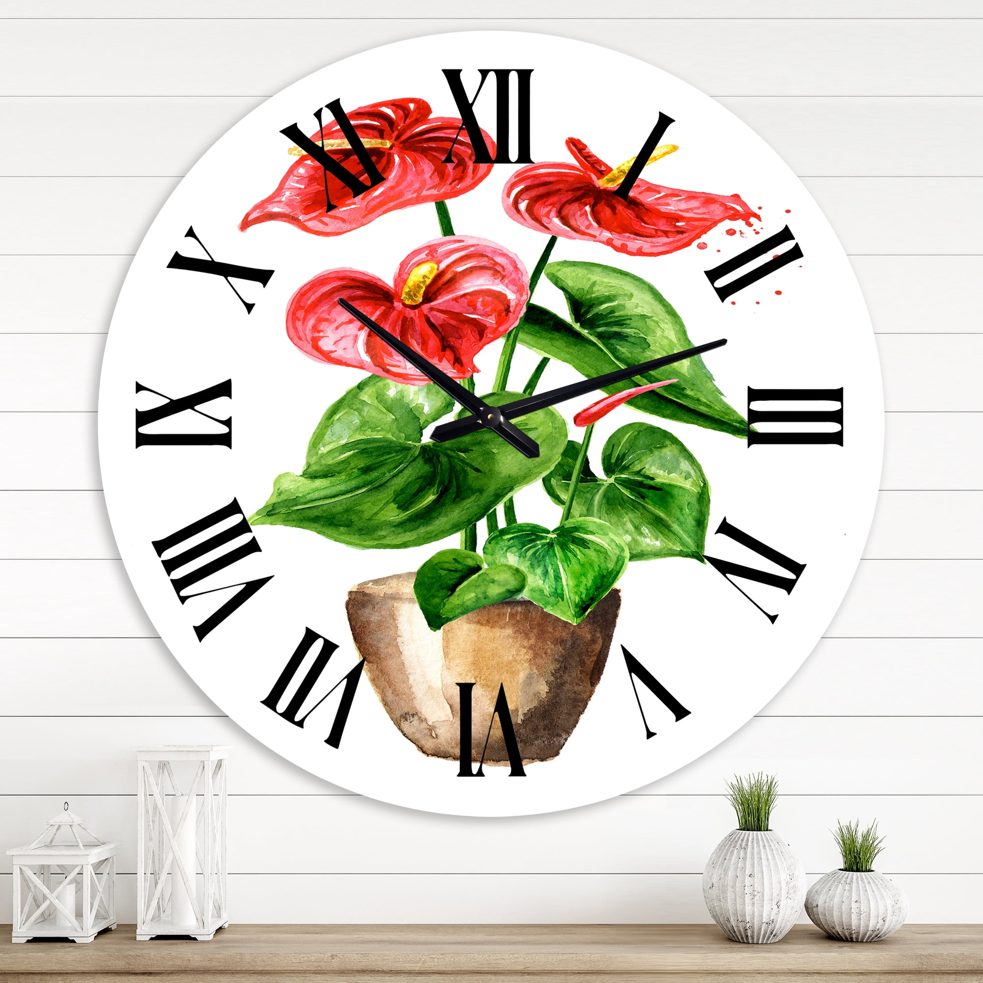 Designart 'Anthurium Tailflower Or Flamingo Flower In The Pot' Traditional Wall Clock