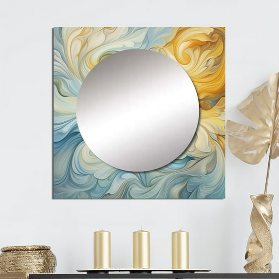 Designart "Antique Blue And Tangerine Undulating Elegance III" Abstract Shapes Blue Large Square Mirror - Square Bedroom Mirror Printed Wall Decor - Transitional Square Printed Wall Mirror Art