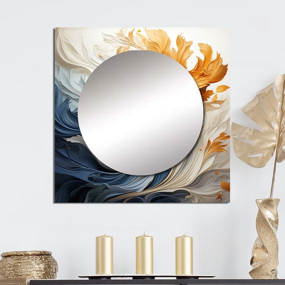 Designart "Antique Blue And Tangerine Decorative Wave Elegance" Abstract Shapes Square Mirror Wall Decor Transitional - Large Orange Square Bathroom Mirror - Square Printed Wall Mirror Art
