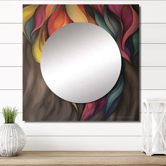 Designart "Antique Colorful Pastel Foliage Aquarelle Gray" Abstract Painting Square Mirror For Wall Decor - Large Multicolor Square Mirror Printed Wall Decor - Modern Square Living Room Mirror