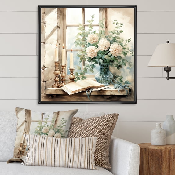 Designart "Antique Floral Window Charm in White and Green" Farm Framed Wall Art - Country White Farm Windows Bedroom Framed Canvas Wall Art