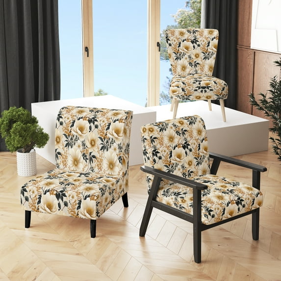 Designart "Antique Ivory Floral Harmony II" Beige Floral Upholstered Accent Chair - Cottage Arm Chair For Living Room