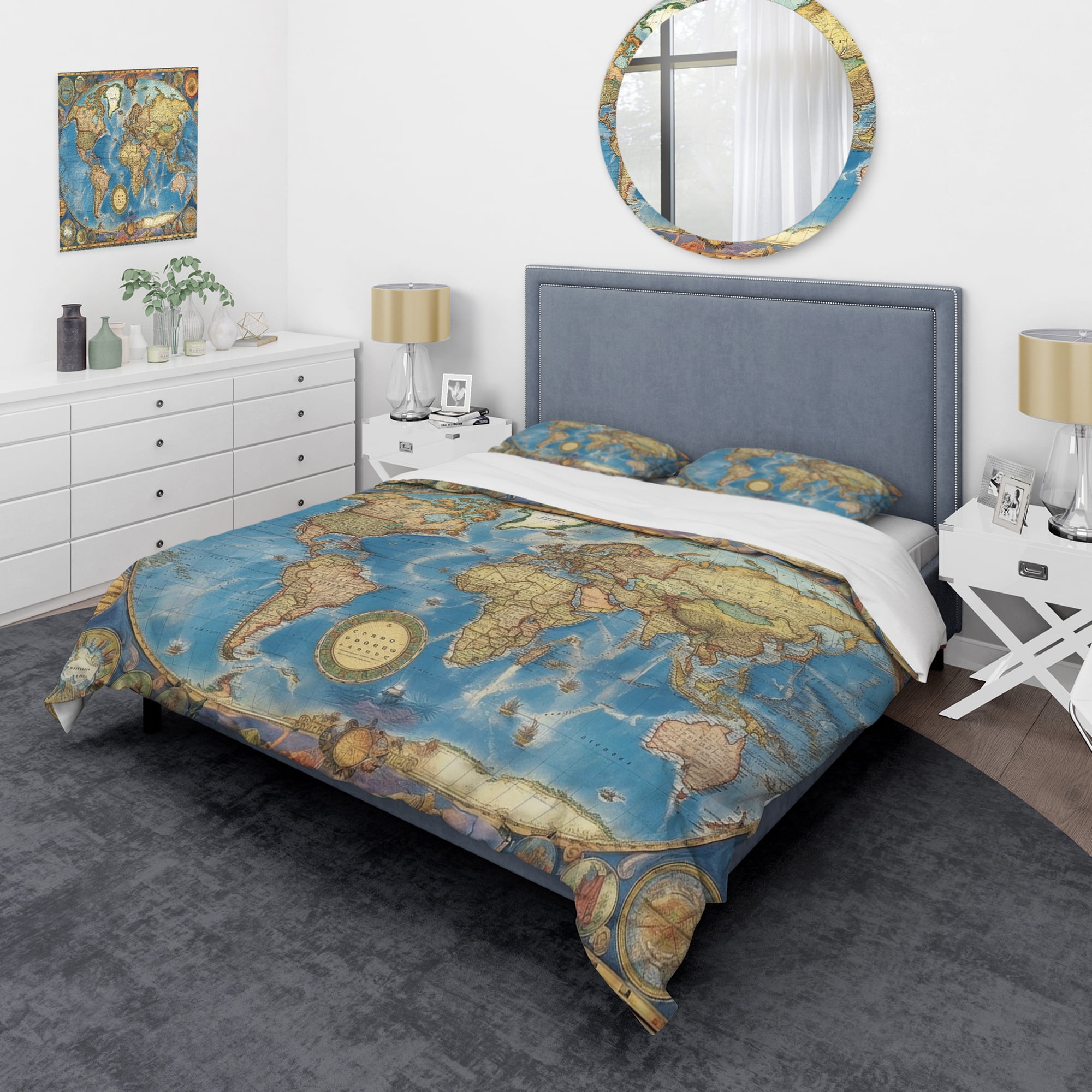 Twin Blue and Green Microfiber World Map Duvet Cover Set